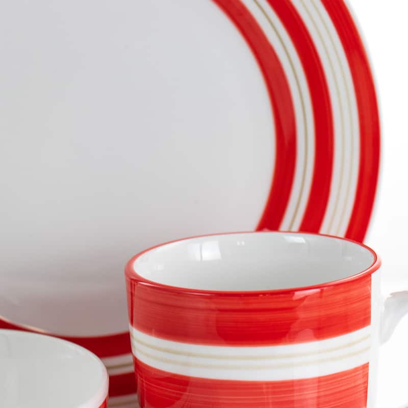 Gibson Home Sunset Stripes 12 Piece Round Fine Ceramic Dinnerware Set in Red