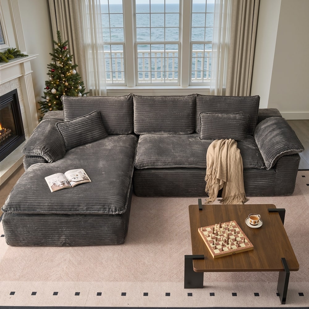 HOOOWOOO Modern Corduroy Fabric L-shaped Sectional Couch Chaise Sofa