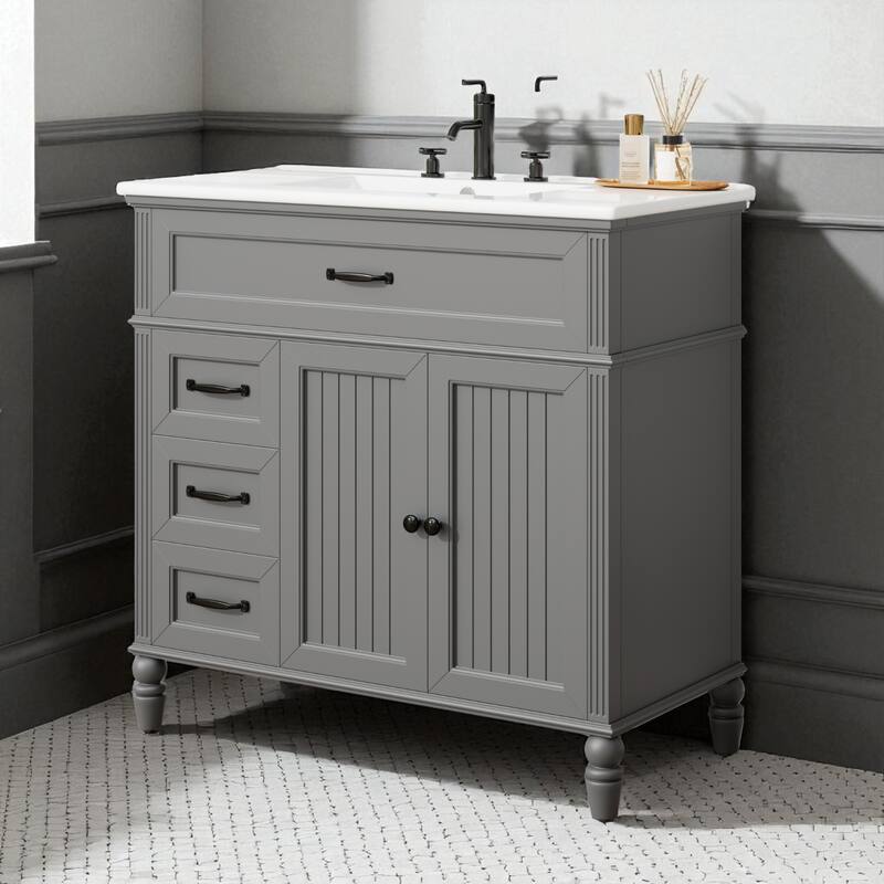 36" Bathroom Vanity with Sink, Freestanding Cabinet with 2 Drawers & Double Doors, Solid Wood Frame, Soft-Close Design - Grey
