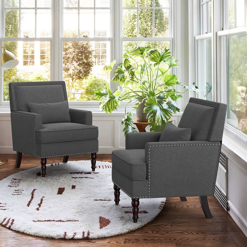 Modern Fabric Accent Chair with Upholstered Armrest Wooden Legs and Pillow for Living Room - Carbon Gray - Set of 2