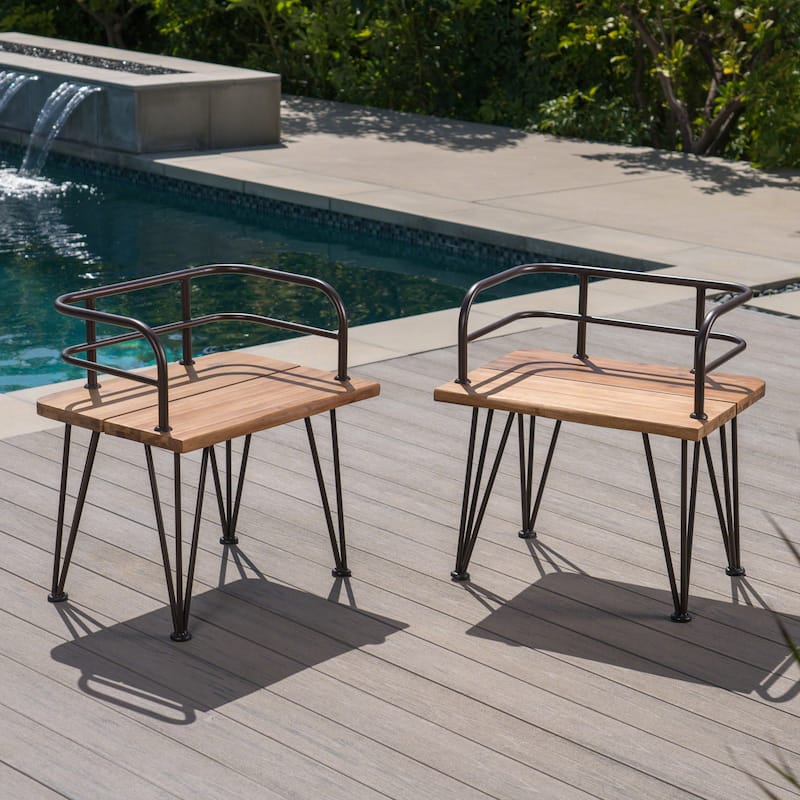 Roomfitters Outdoor Acacia Wood Chairs with Metal Backrest and Hairpin Legs, Set of 2, Teak
