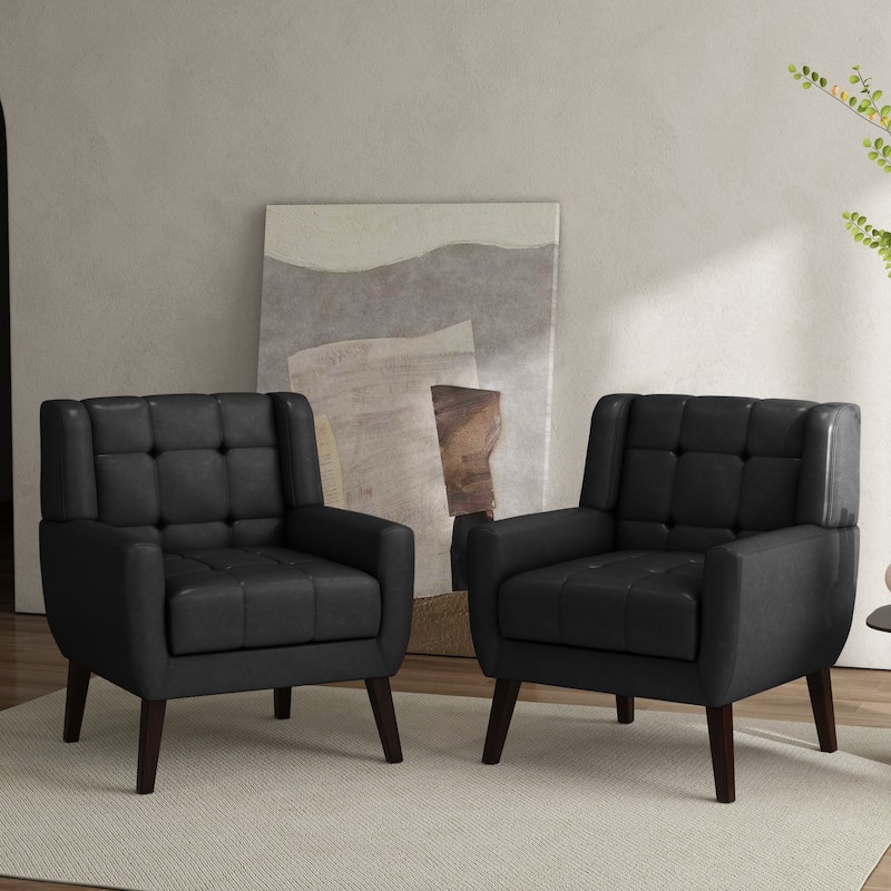 Tufted Wingback Accent Chairs Linen/Faux Leather/Velvet Armchairs Set of 2 - PU Leather - Black/PU