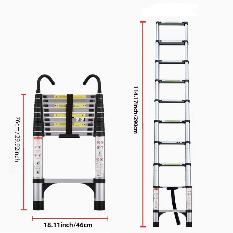 9.5ft Telescopic Aluminum Ladder with Triangular Stabilizers and Hooks