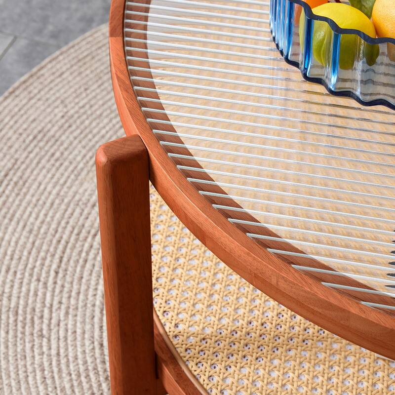 Round Double-Layer Tea Table with Solid Wood Frame, Glass Top & PE Rattan Weaving, Small Side Table for Living Room