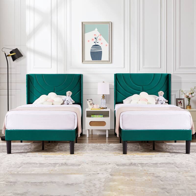 Kids Bed Frame, Height Adjustable Upholstered Bed, Twin Size Bed Set of 2