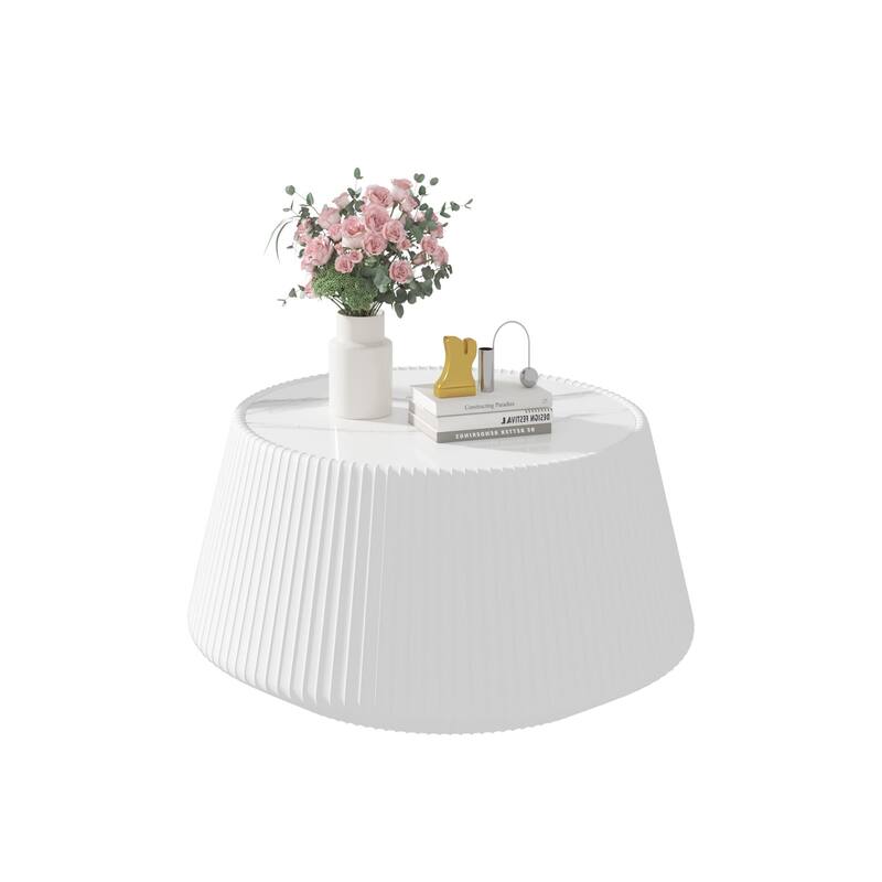 Cup-Shaped Leather Coffee Table Small Round Table Modern End Table with Sintered Stone Top, Faux Marble Sofa Side Table