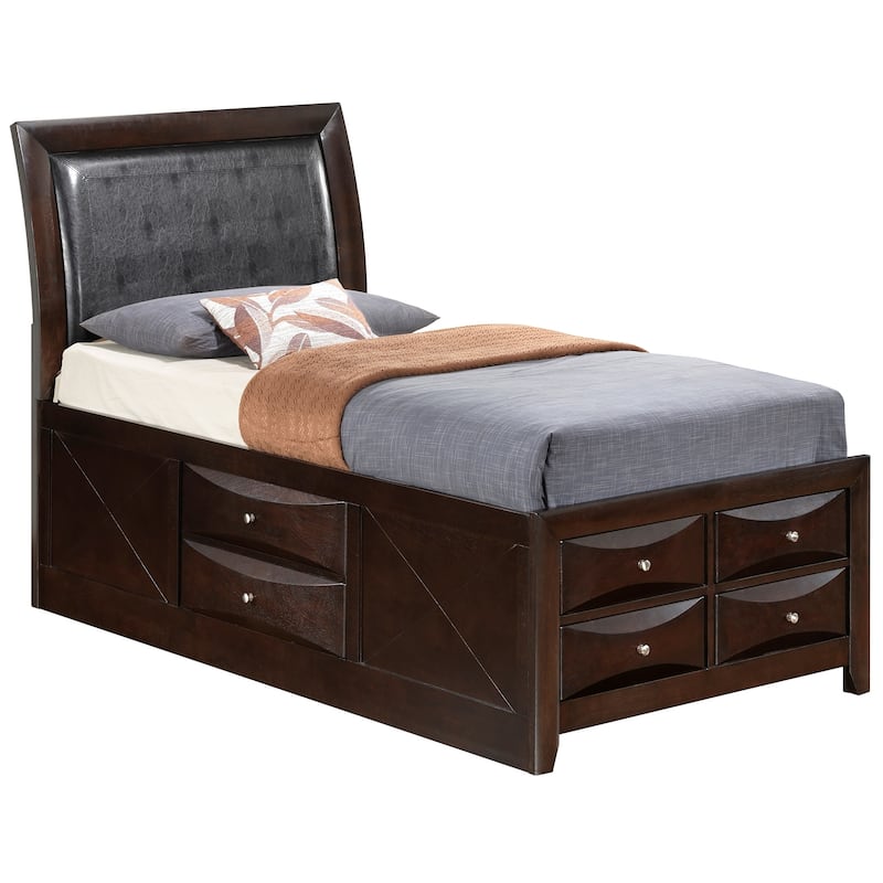Tufted Faux Leather Twin Panel Bed with Storage Drawers - 85" - Brown