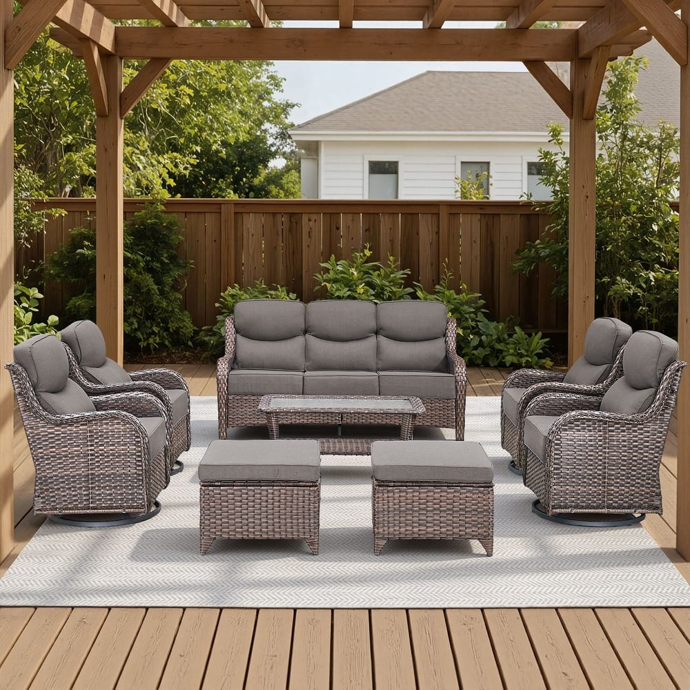 Meyreso 8-Piece Wicker Patio Conversation Set with Swivel Gliders and 6-Inch Thick Olefin Cushions