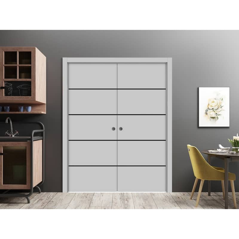 French Double Pocket Doors 36x80 Planum 0015 Grey Matte Kit Trims Rail