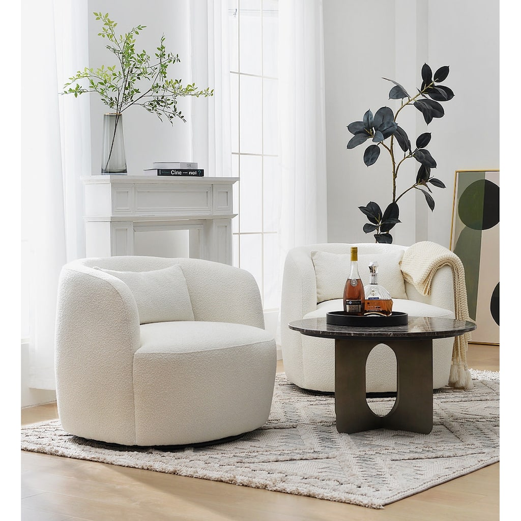 KINWELL 34" Poly Blend Boucle Fabric Upholstered Swivel Armchair