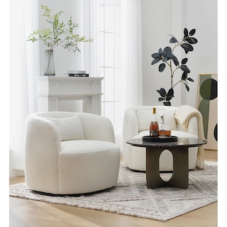 KINWELL 34" Poly Blend Boucle Fabric Upholstered Swivel Armchair