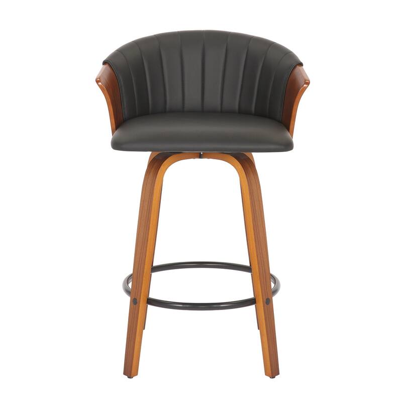 HomeRoots Set of Two 26" Black and Brown Faux Leather and Solid Wood Low Back Counter Height Bar Chairs