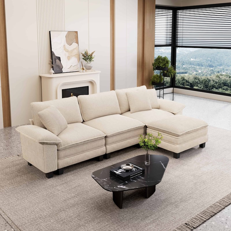 MAISON ARTS Modular Cloud Sectional Sofa, Comfy L- or U-Shaped Couch with Ottomans & Pillows, 4–6 Seat Living Room Sofa - Beige Corduroy ( 4 Pieces) - Reversible