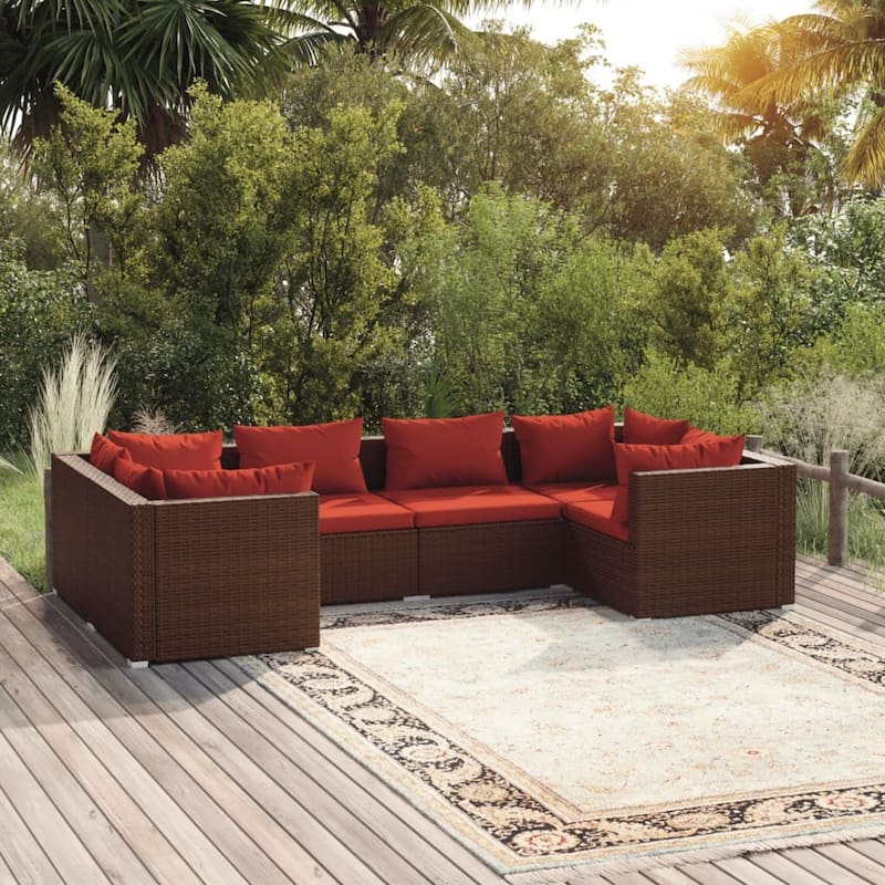 vidaXL 7 Piece Patio Lounge Set with Cushions Poly Rattan Brown - 27.6" x 27.6" x 24" - 27.6" x 27.6" x 24" - Brown/Cinnamon red 10 x Back pillow