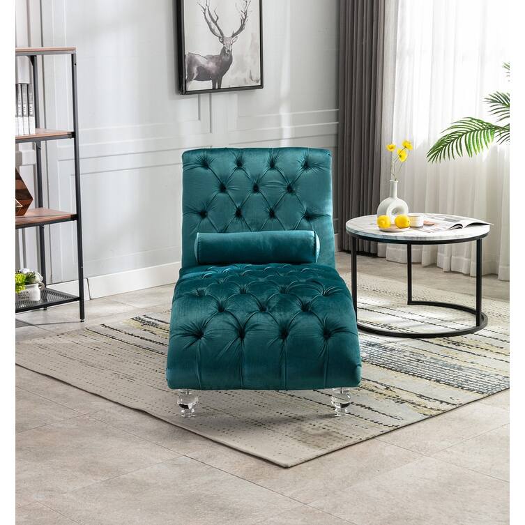 Velvet Chaise Lounge Chair with Toss Pillow,Tufted Button Lounge Chair with Acrylic Legs,Teal