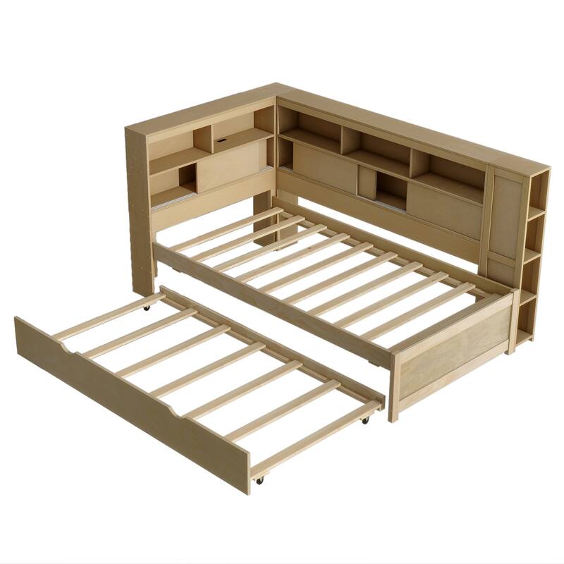 Twin Size Wood Daybed with Storage Shelves USB Charging and Trundle