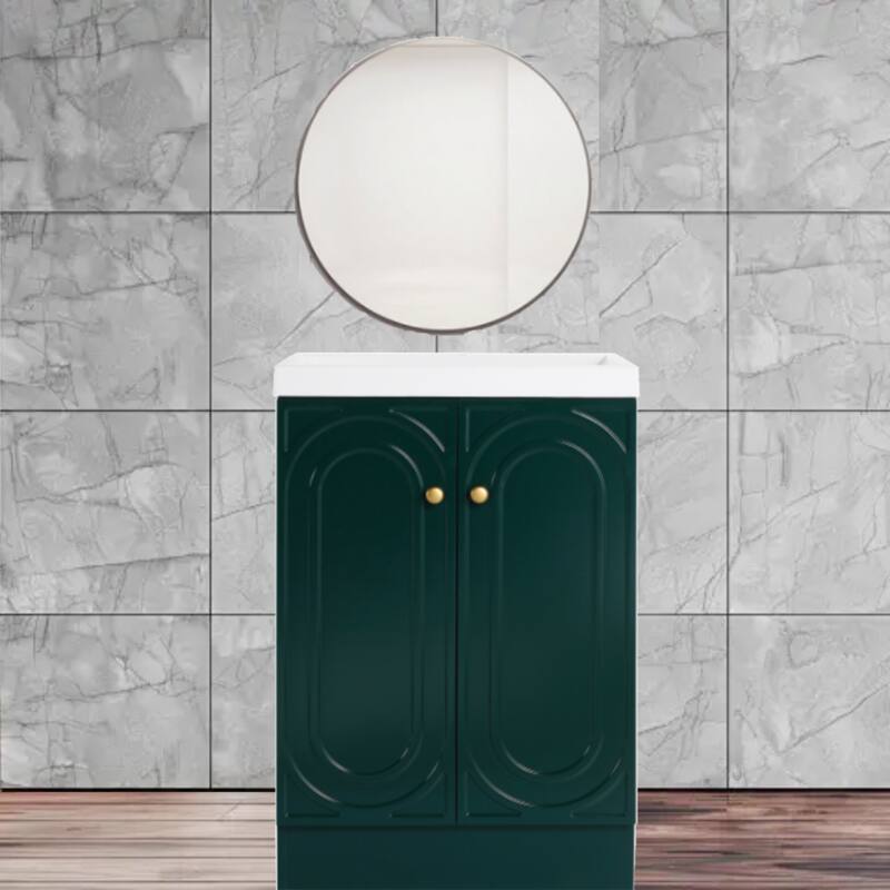 36" White Freestanding Bathroom Vanity with Resin Sink & 2 Soft-Close Cabinet Doors, Adjustable Storage Shelf - Light Dark Green