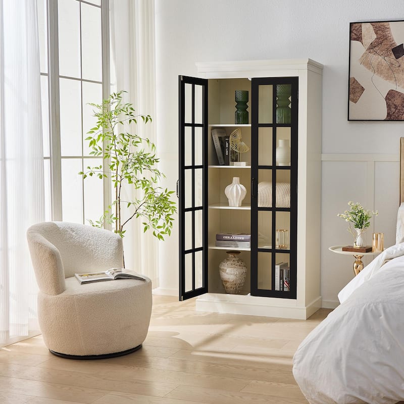 71.2" Glass-Front Rustic Display Cabinet – White & Brown Curio Shelf for Collectibles, Perfect for Living Rooms. - Black,Cream White