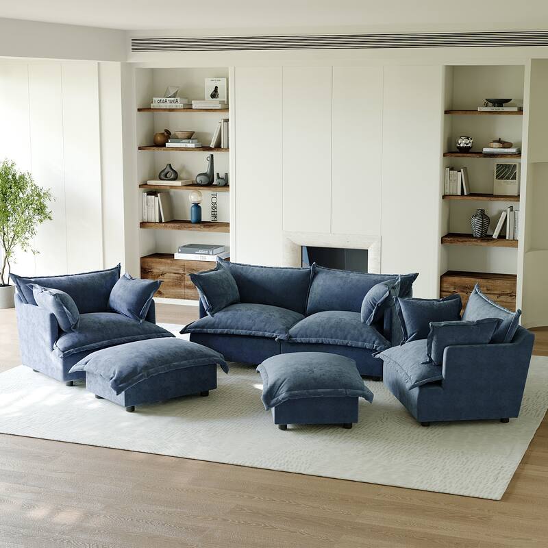 6 Piece Oversized Chenille Comfy Cloud Modular Sectional Sofa Set - Navy
