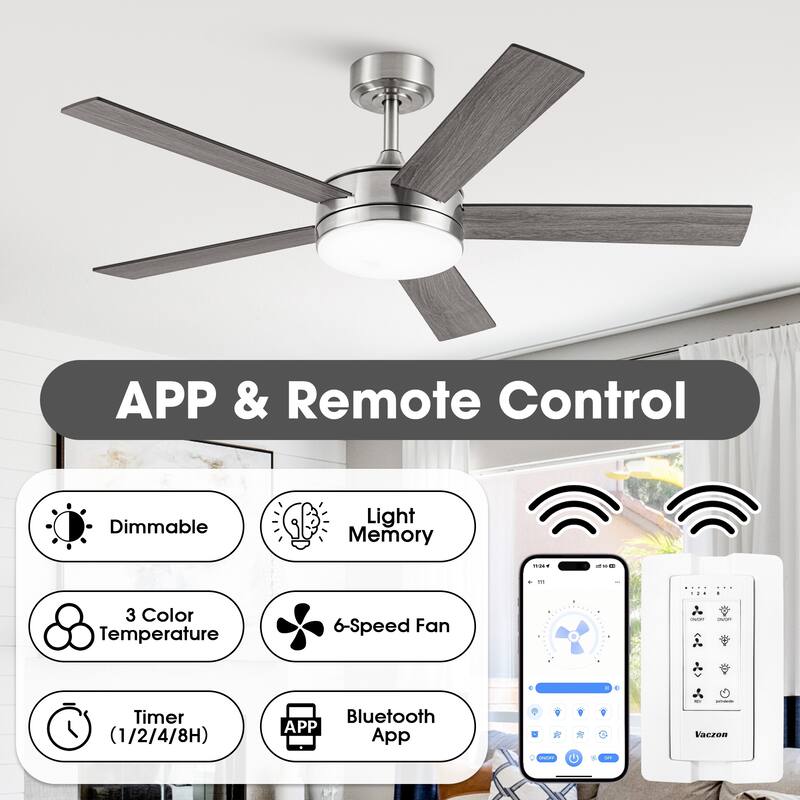 Vaczon 48" Modern Wood Reversible 5-blade Brushed Nickel Smart LED Ceiling Fan with APP