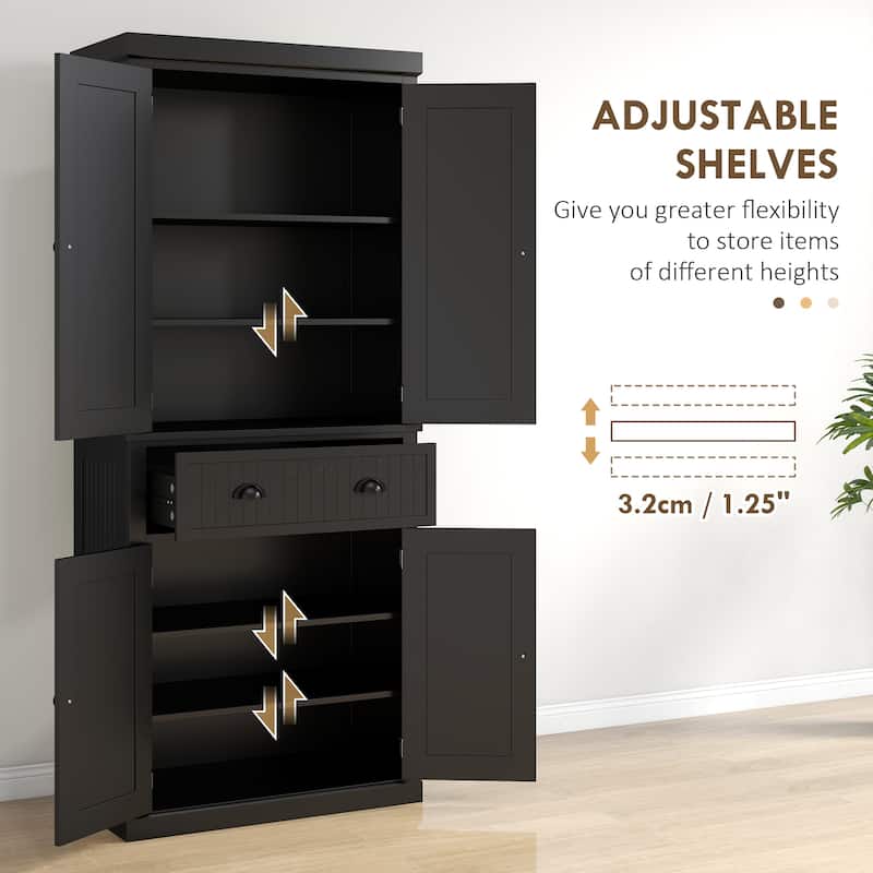 72" Kitchen Pantry, Tall Storage Cabinet, Freestanding Cupboard with Drawer, Doors and Adjustable Shelves, Black