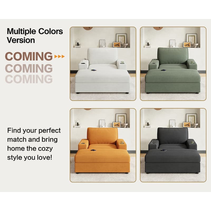 42.8" Oversized Chaise Lounge Chair with Storage Ottoman, Corduroy Sofa Bed with Cup Holders & USB Charging Port