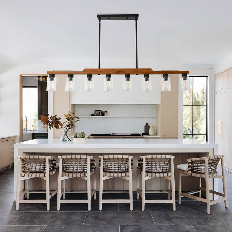Farmhouse Chandelier for Dining Room Kitchen Island Rustic Wood Linear Pendant Light with Seed Glass Shade