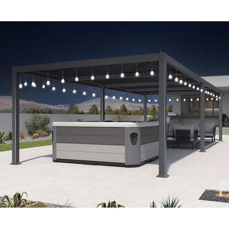 PURPLE LEAF Outdoor Louvered Pergola with Adjustable Metal Roof for Patio Pergola - 11.4' x 27.2' - Grey(String Light )