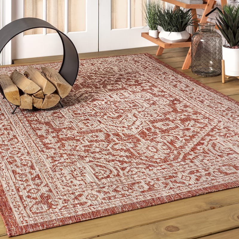 JONATHAN Y Rozetta Medallion Textured Weave Indoor/Outdoor Area Rug - 10' x 14' - Red/Taupe