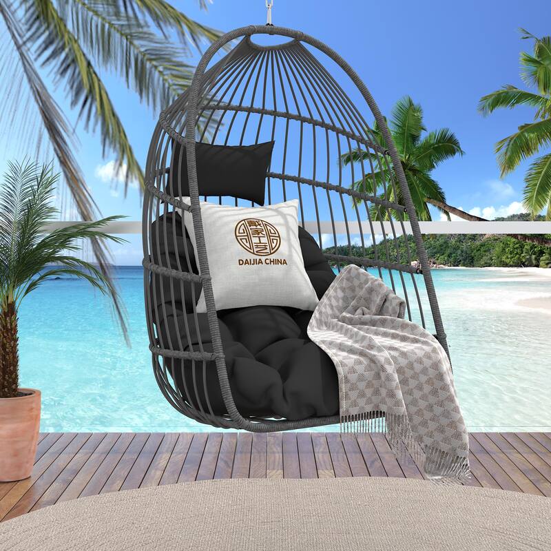 Hanging Chair PE Hanging Chair with Stainless Steel Suspension kit, Outdoor Garden Rattan Egg Swing Chair with Cushion - Dark Grey