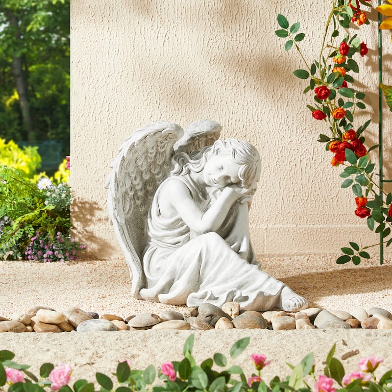 Glitzhome 18"L x 15"H MgO Sleeping Angel Garden Statue Coastal Sculpture