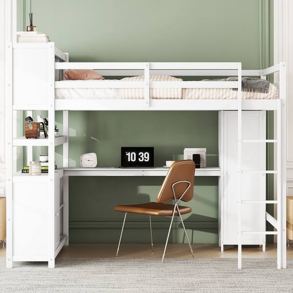 slide 2 of 23, Multifunctional Design Wood Loft Bed with Cabinet, Bookshelf, Wardrobe and Desk, Full Size