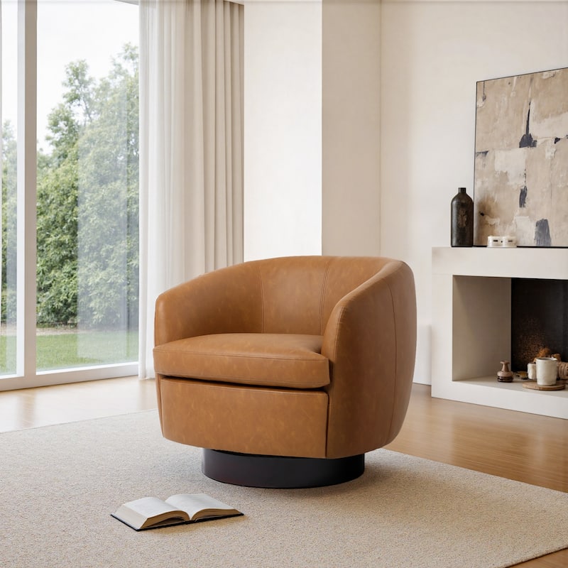 Leather Upholstered Swivel Barrel Accent Chair With Wood Base