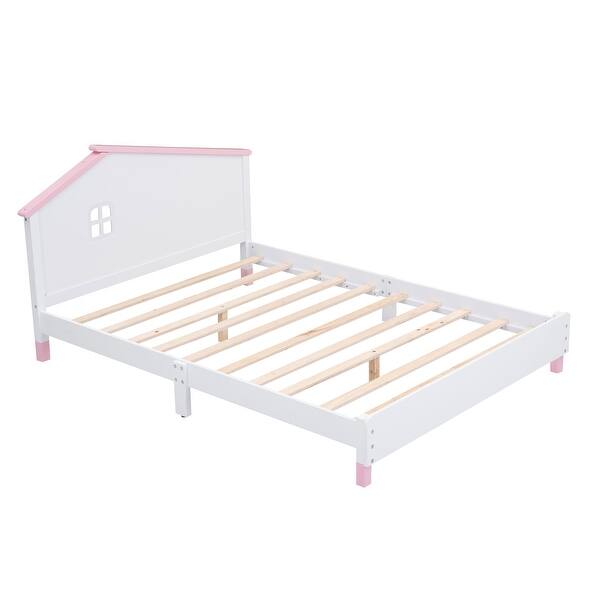 slide 2 of 10, Platform Bed Full Size, Wood Full Platform Bed Frame with House-Shaped Headboard for Kids, No Box Spring Needed, White Pink