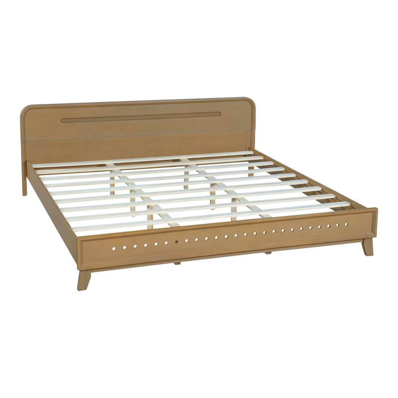 Pine Solid Wood Platform Bed with Headboard, Mid Century Bed Frame with Wood Slat Support