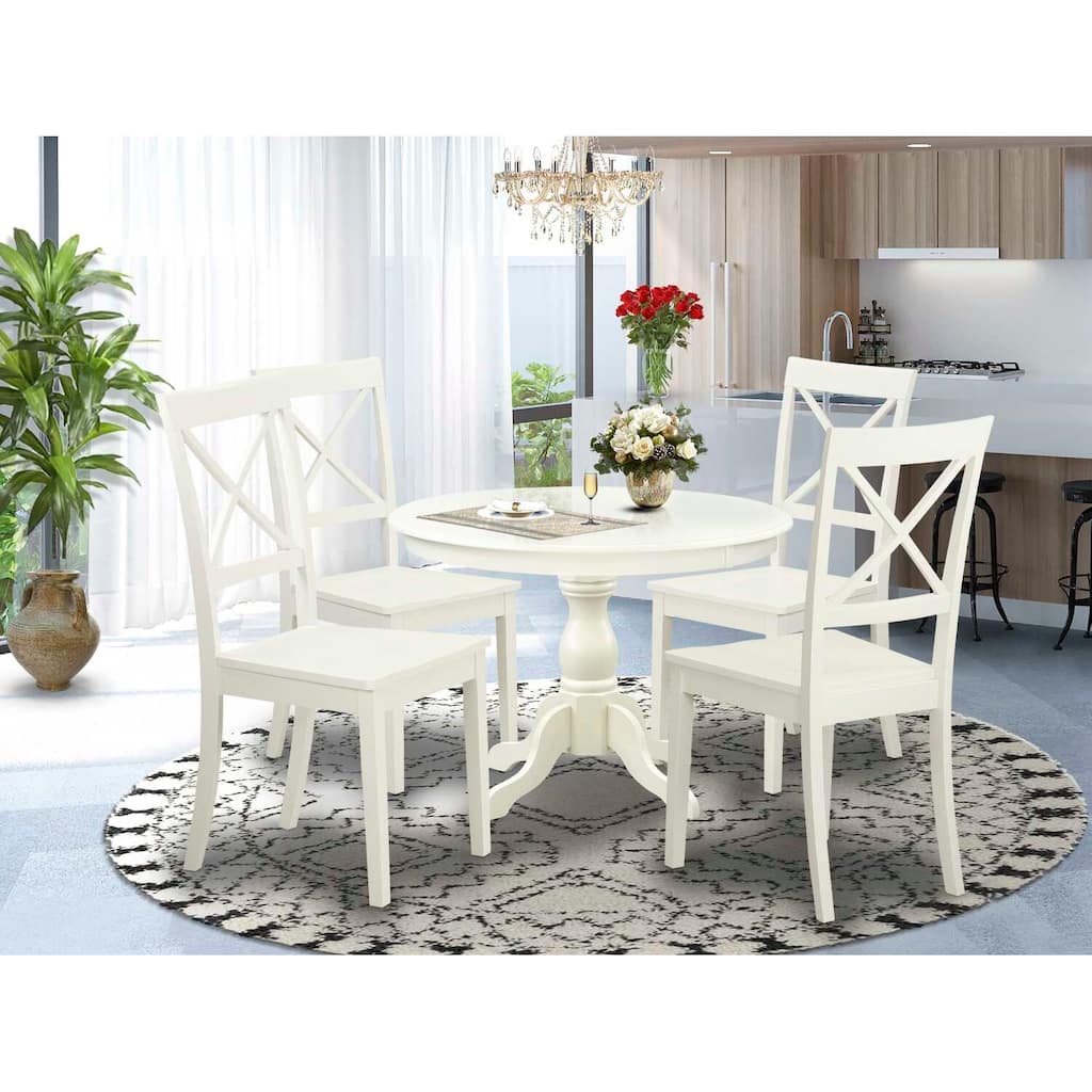 HomeStock 5-Piece Linen White Finish Solid Wood Top Dining table with 4-Chairs
