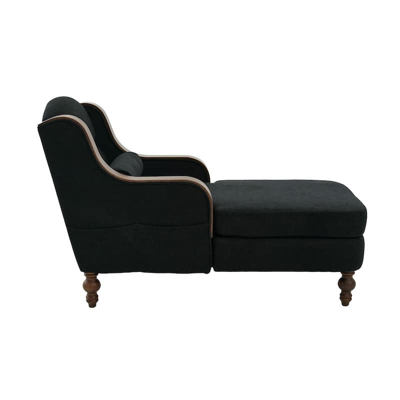 Ergonomic Chaise Lounge Indoor Chenille Single Lazy Sleeper Sofa Bed with Side Pockets, Solid Wood Armrests and Foots