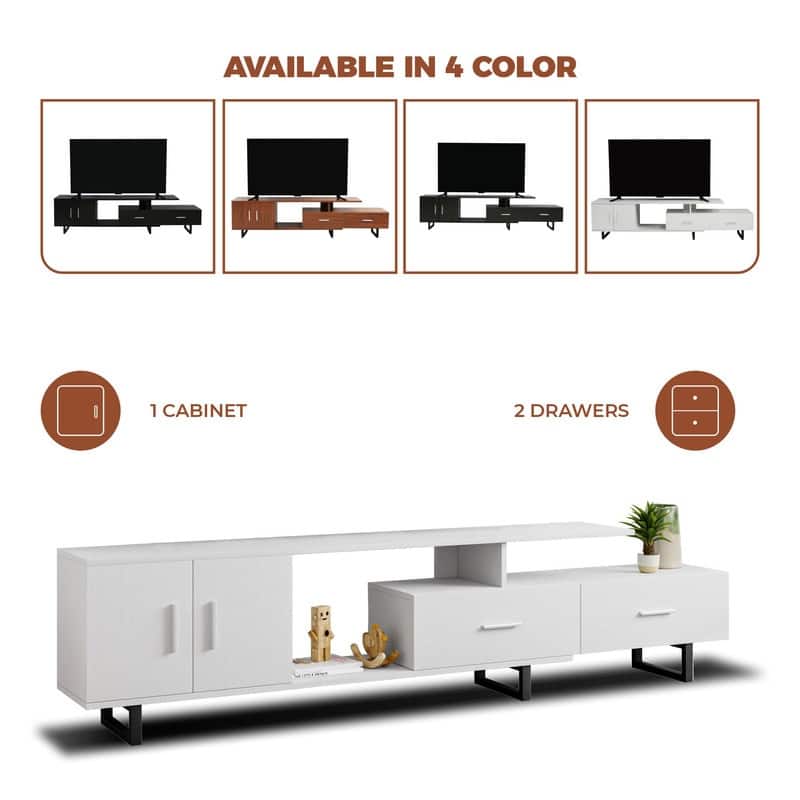 Avery 55 Inch Modern TV Stand with Steel Base, 2 Drawers, and Open Shelves - Entertainment Console for Living Room or Bedroom