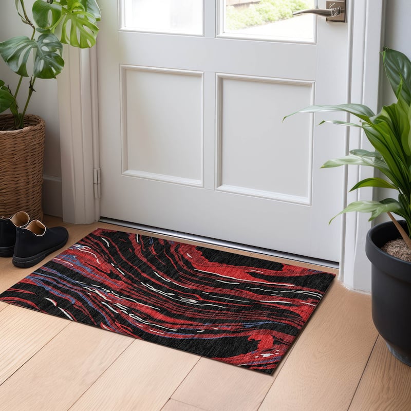 Machine Washable Indoor/ Outdoor Modern Wave Chantille Rug - Black - 1'8" x 2'6"