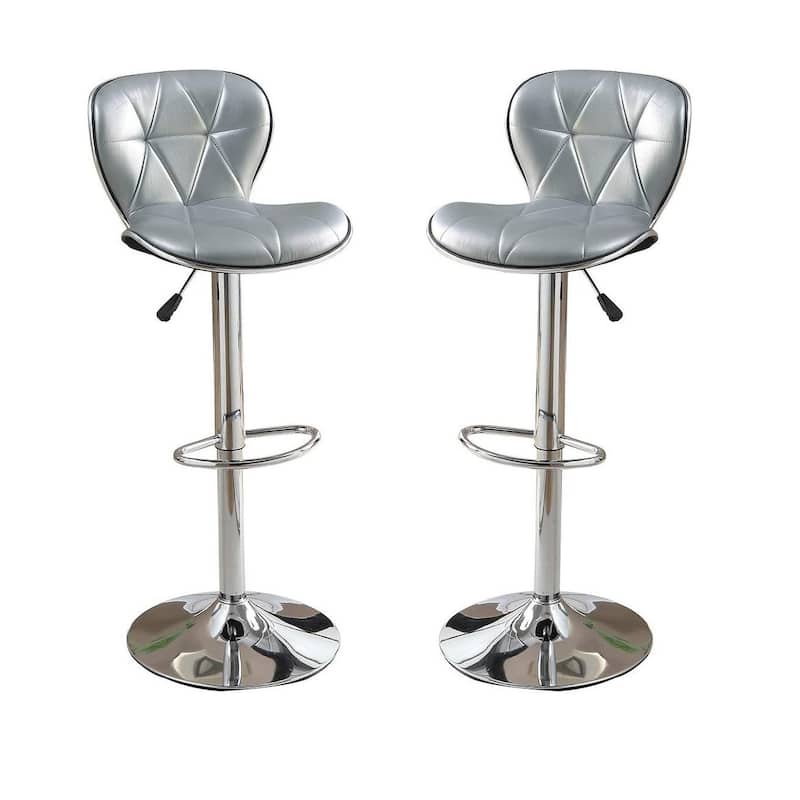 Silver / Grey Faux Leather PVC Stool Counter Height Chairs Set of 2 Adjustable Height bar Stools Chrome Base.