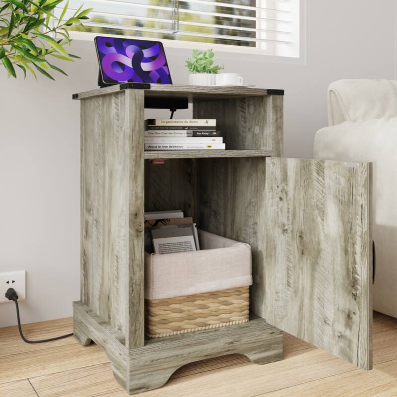 Farmhouse Nightstand Side Table, Tall Bedside Table with Electrical Outlets Charging Station - Light Grey