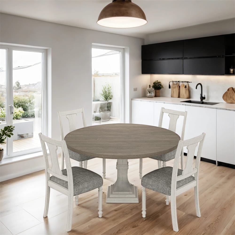 5 PC 59" Round Dining Table Set with 4 Upholstered Chairs