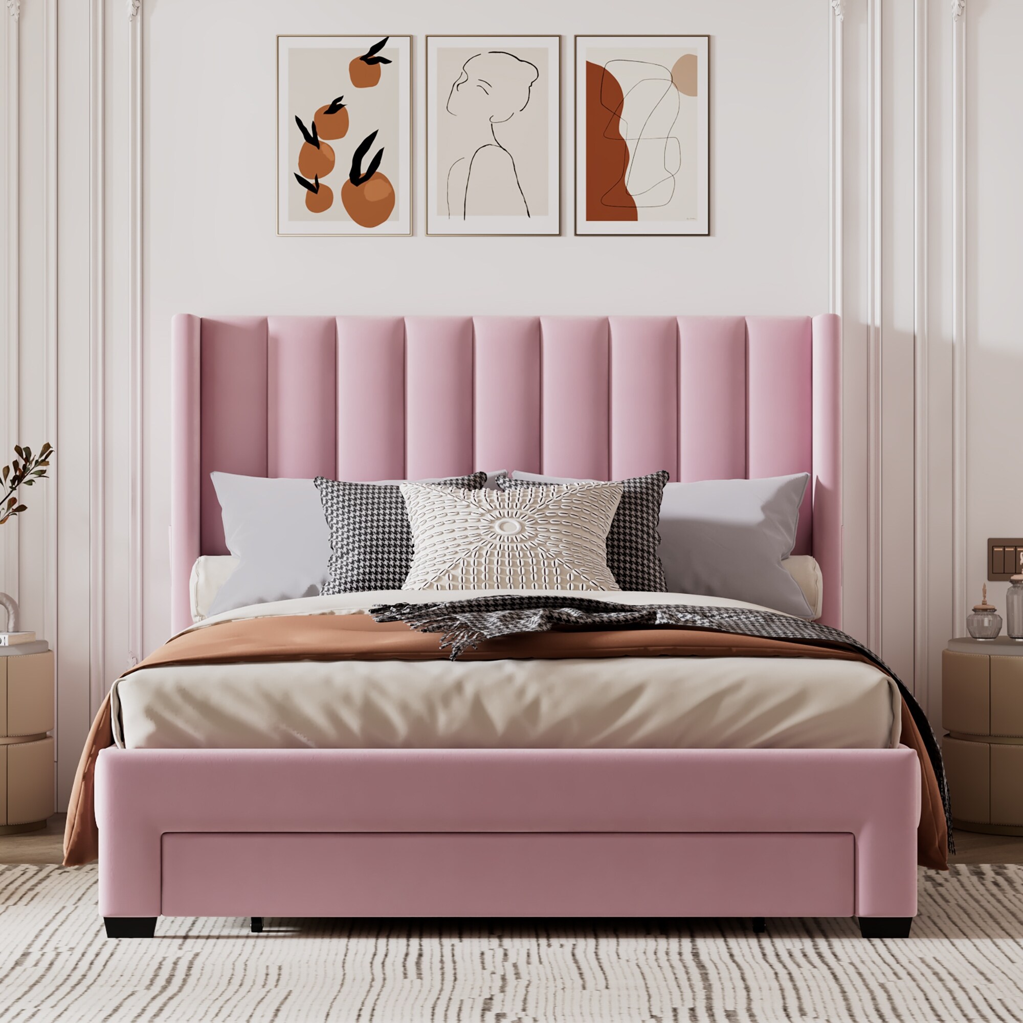 Pink velvet tufted bed sale