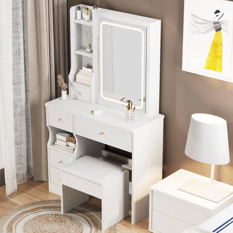 Small Space Left Drawer Desktop Vanity Table,Cushioned Stool,Extra Large Touch Control Sliding LED Mirror