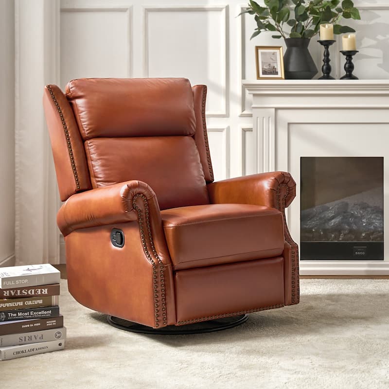 Viviana Traditional Genuine Leather Manual Swivel Glider Recliner by HULALA HOME - Saddle