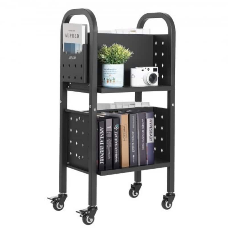 Black Heavy Duty Steel Rolling Book Cart with High Shelves and Side Compartments Silent Wheels - Design-1