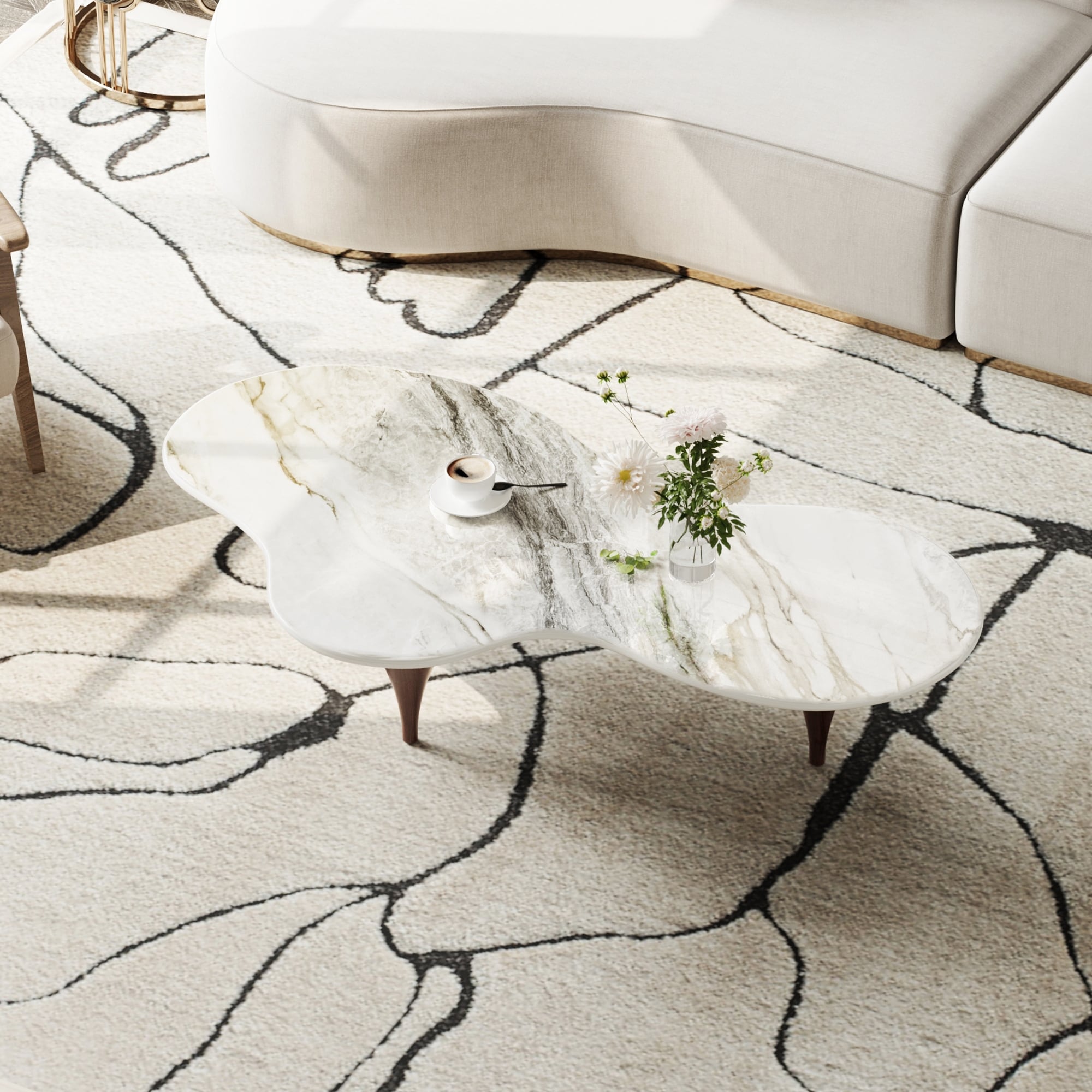 54.8" Irregular Organic Shape Coffee Table, Glossy Pandora Faux Marble Top, Wood Grain Finished Tapered Metal Legs