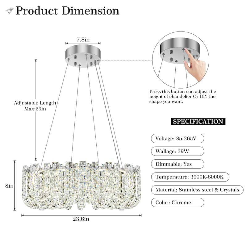 1/2-Tier Dimmable Chrome Crystal LED Drum Chandelier