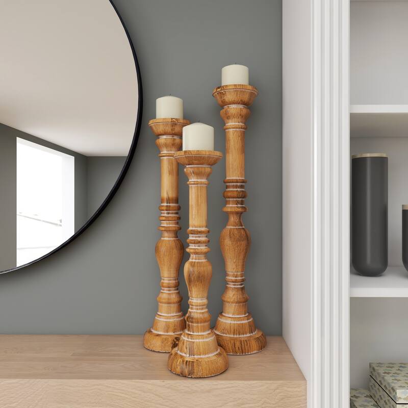 Brown Mango Wood Handmade Candle Holder with Turned Style (Set of 3)