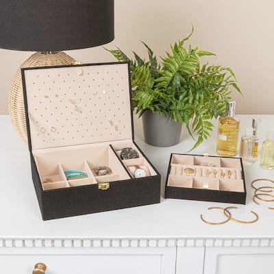 Household Essentials Fabric 2-Layer Jewelry Organizer Box with Clasp Closure - 9.3"L x 7.3"W x 3.8"H